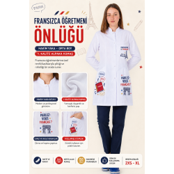 Fransızca öğretmeni kadın önlüğü orta boy alpaka 1. kalite beyaz önlük baskılı 