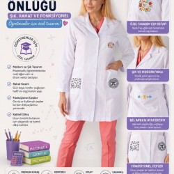Kadın matematik öğretmen önlüğü alpaka 1. kalite beyaz baskılı öğretmenler için önlük