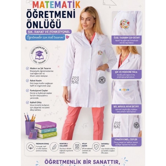 Kadın matematik öğretmen önlüğü alpaka 1. kalite beyaz baskılı öğretmenler için önlük