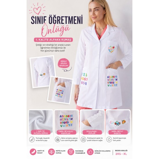 Sınıf öğretmeni önlüğü alpaka 1. kalite beyaz önlük baskılı