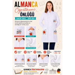 Almanca öğretmeni kadın önlüğü orta boy alpaka 1. kalite beyaz önlük baskılı 
