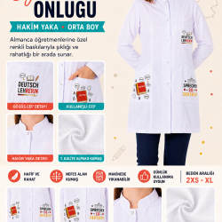 Almanca öğretmeni kadın önlüğü orta boy alpaka 1. kalite beyaz önlük baskılı 