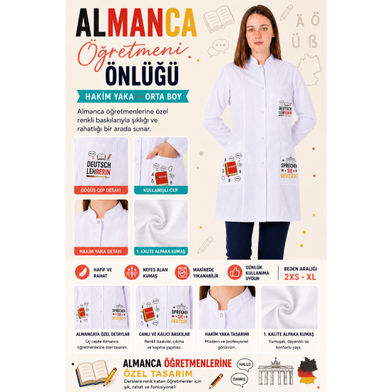 Almanca öğretmeni kadın önlüğü orta boy alpaka 1. kalite beyaz önlük baskılı