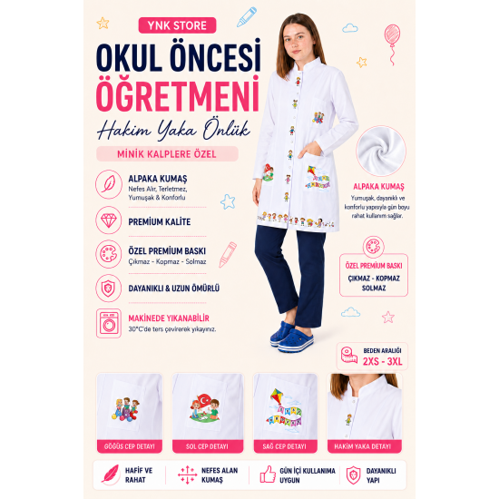 Okul öncesi öğretmeni önlüğü alpaka 1. kalite beyaz önlük baskılı bayraklı