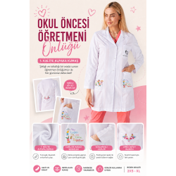 Okul Öncesi Öğretmeni Baskılı Alpaka Önlük – Renkli Cep Detaylı