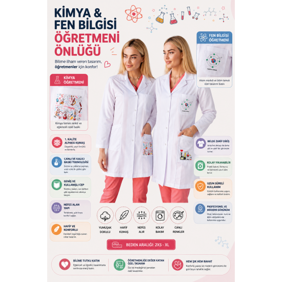 Kimya öğretmeni önlüğü alpaka 1. kalite beyaz önlük baskılı
