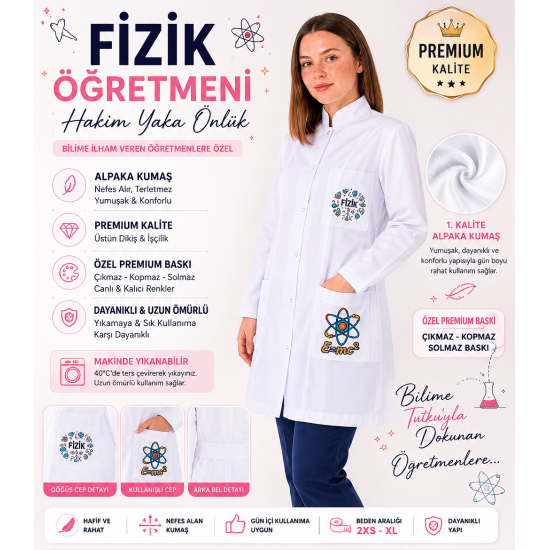 Fizik öğretmeni kadın önlüğü orta boy alpaka 1. kalite beyaz önlük baskılı Fizik öğretmeni kadın önlüğü orta boy alpaka 1. kalite beyaz önlük baskılı