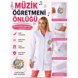 Müzik öğretmeni önlüğü alpaka 1. kalite beyaz önlük baskılı 