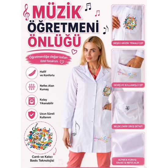 Müzik öğretmeni önlüğü alpaka 1. kalite beyaz önlük baskılı