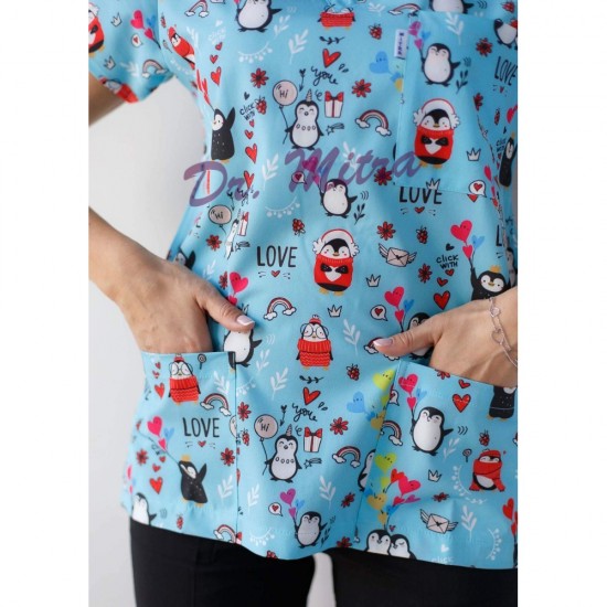 Mavi Penguen Desenli Likralı (Esnek) Greys (Yarasa Kol) Cerrahi Takım